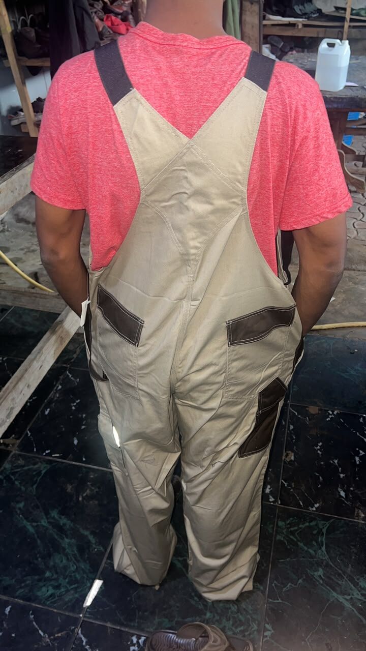 Beige bib overall, back view
